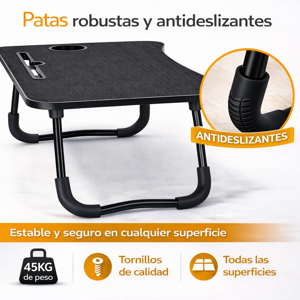 Mesa Plegable Auxiliar portátil pequeña. Mesita para Ordenador en Cama, Sofa, salón, Cocina, Suelo. Posavasos. Patas Antideslizantes. Ranura para Tablet y Pen. Superficie Texturizada. 60x40cm