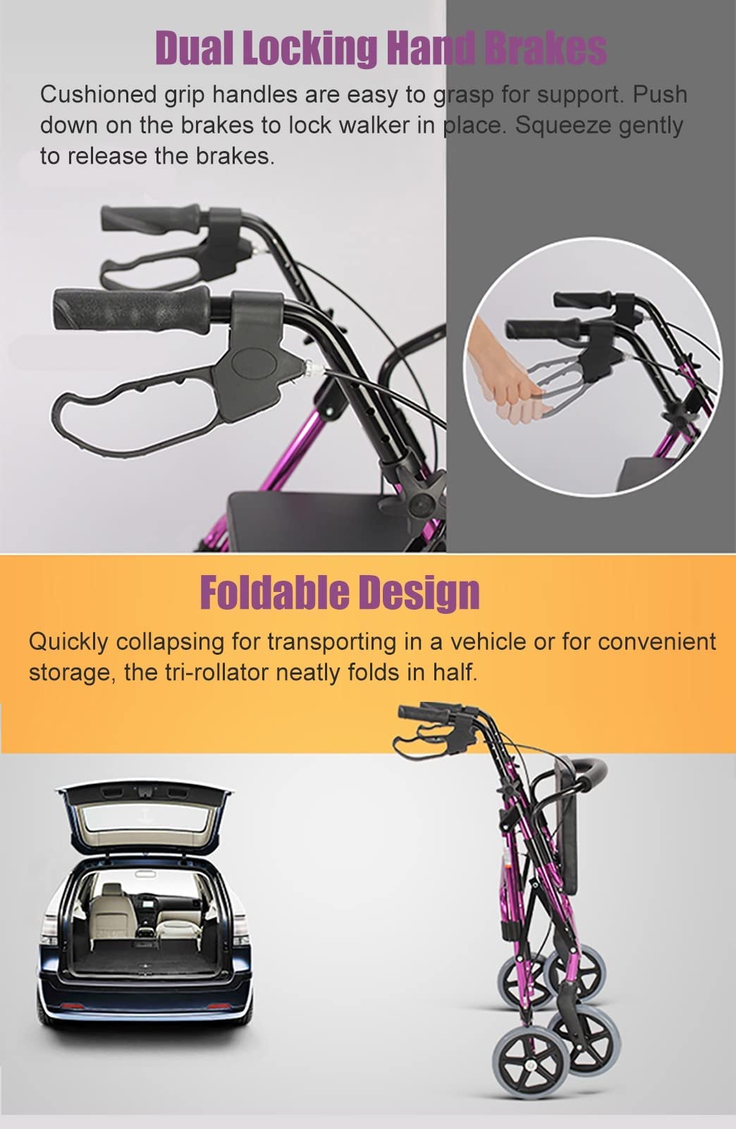 Andador Plegable con Ruedas, Altura Ajustable (150-185 cm), Capacidad de 100 kg, Cesta de Almacenamiento con Asiento, Frenos, Ruedas de 4 Pulgadas, Color Morado.