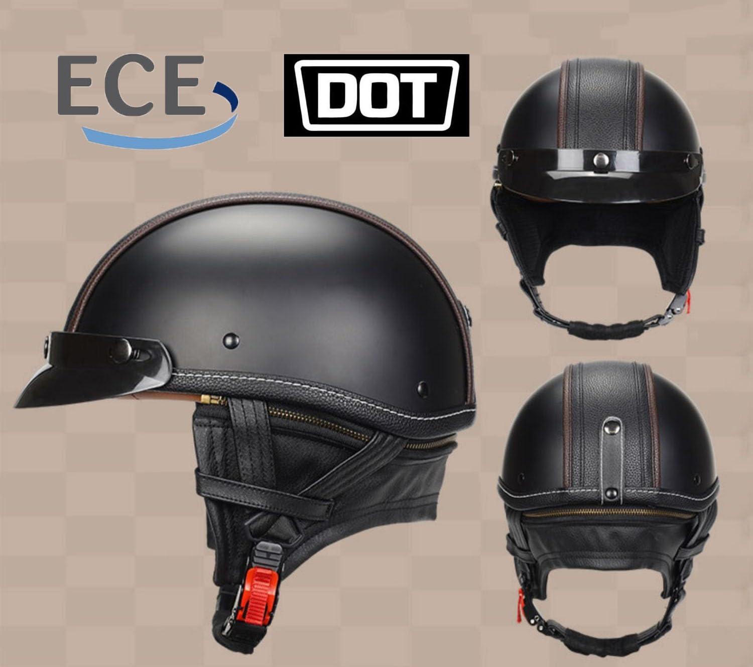 Casco Moto retrò Vintage Pelle Casco Scodella Semi Integrale, Casco Aperto Jet in ABS, Certificato ECEDOT, per Motocicletta, Scooter e Bici Elettrica per Uomo e Donna(1,M=57~58cm)