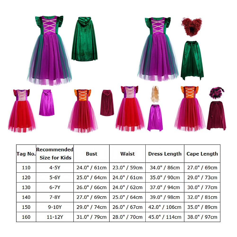 IWEMEK Déguisement Hocus Pocus Sorcière Enfant Robe Tutu pour Fille avec Cape et Perruque – Costume Halloween Élégant en Tulle Multilayer de Carnaval