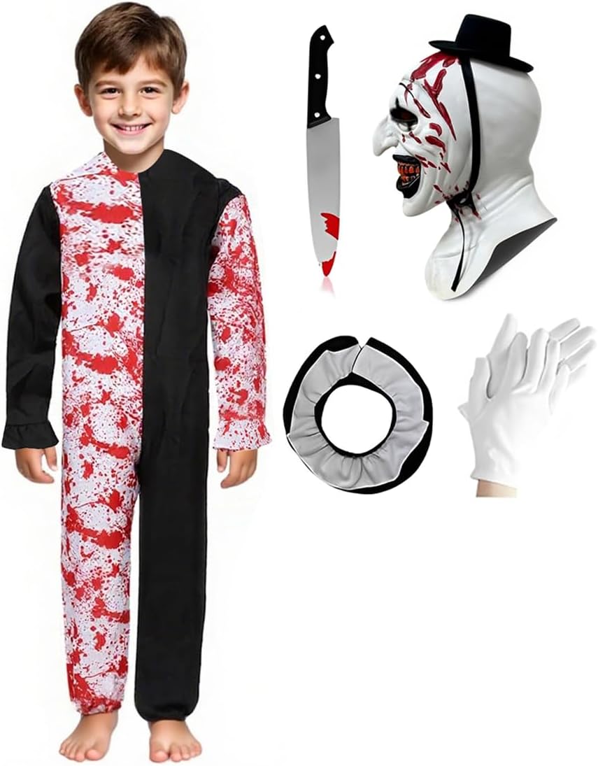 Kids Terrifying Costume Clown Costume Mask Killer Clown Halloween Cosplay Outfit for Boys Girls 4-14 Years