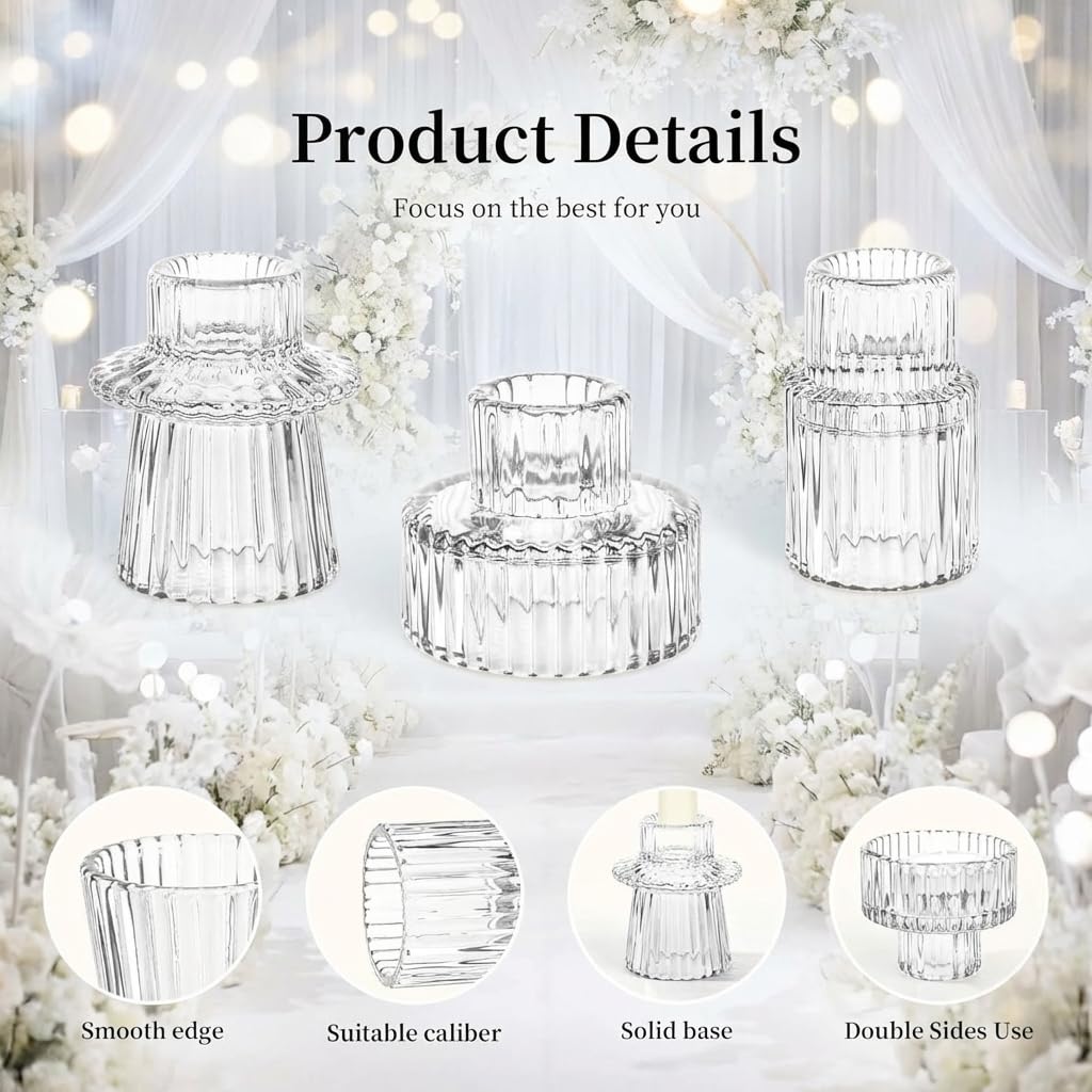 Olrla Lot de 6 bougeoirs en verre multi-tailles 2 en 1 pour bougies coniques, piliers et bougies chauffe-plat – Centre de table élégant pour mariage, décoration d'intérieur (transparent)