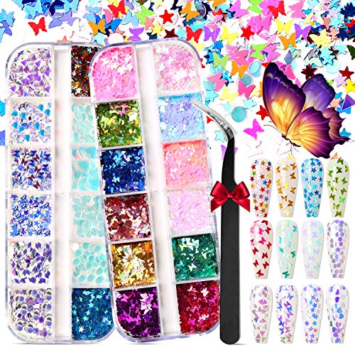 Modelones Butterfly Nail Sequins 24 Colors 3D Holographic Nail Glitter for Gel Nail Polish Acrylic Powder Nail Decals Stickers Flakes with Tweezers Home Use DIY Nail Art Decoration Accessories