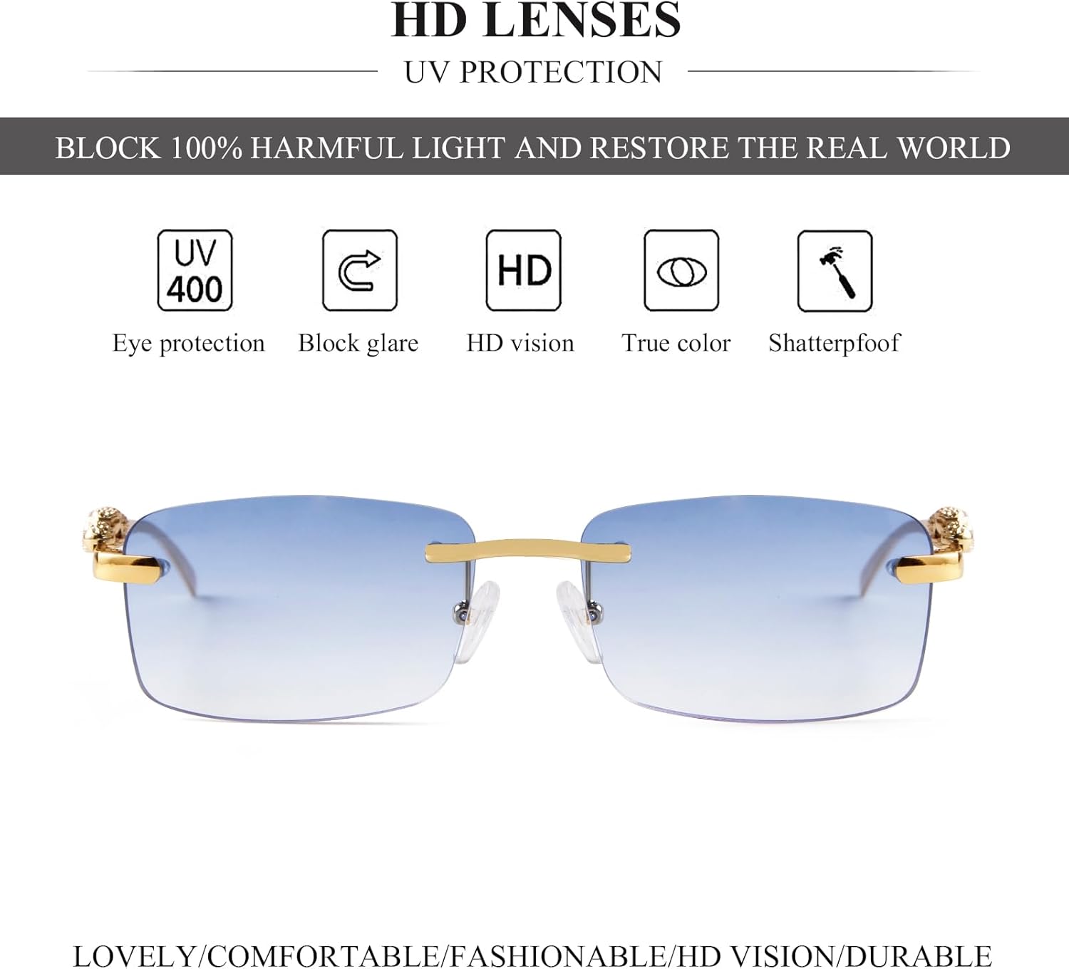 Vintage Rimless Rectangle Sunglasses for Women Men,Trendy Gold Metal Frameless Square Sun Glasses Transparent Eyewear - Image 5