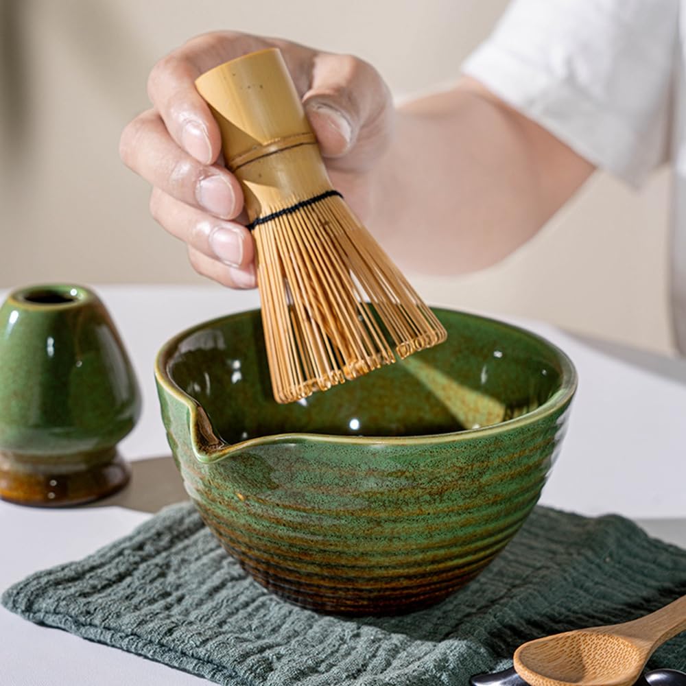Juego de 8 batidores de matcha con caja de regalo negra, juego de kit de ceremonia de té tradicional japonés, juego de cuencos de cerámica para cambiar el horno, juego de cuencos de matcha a rayas