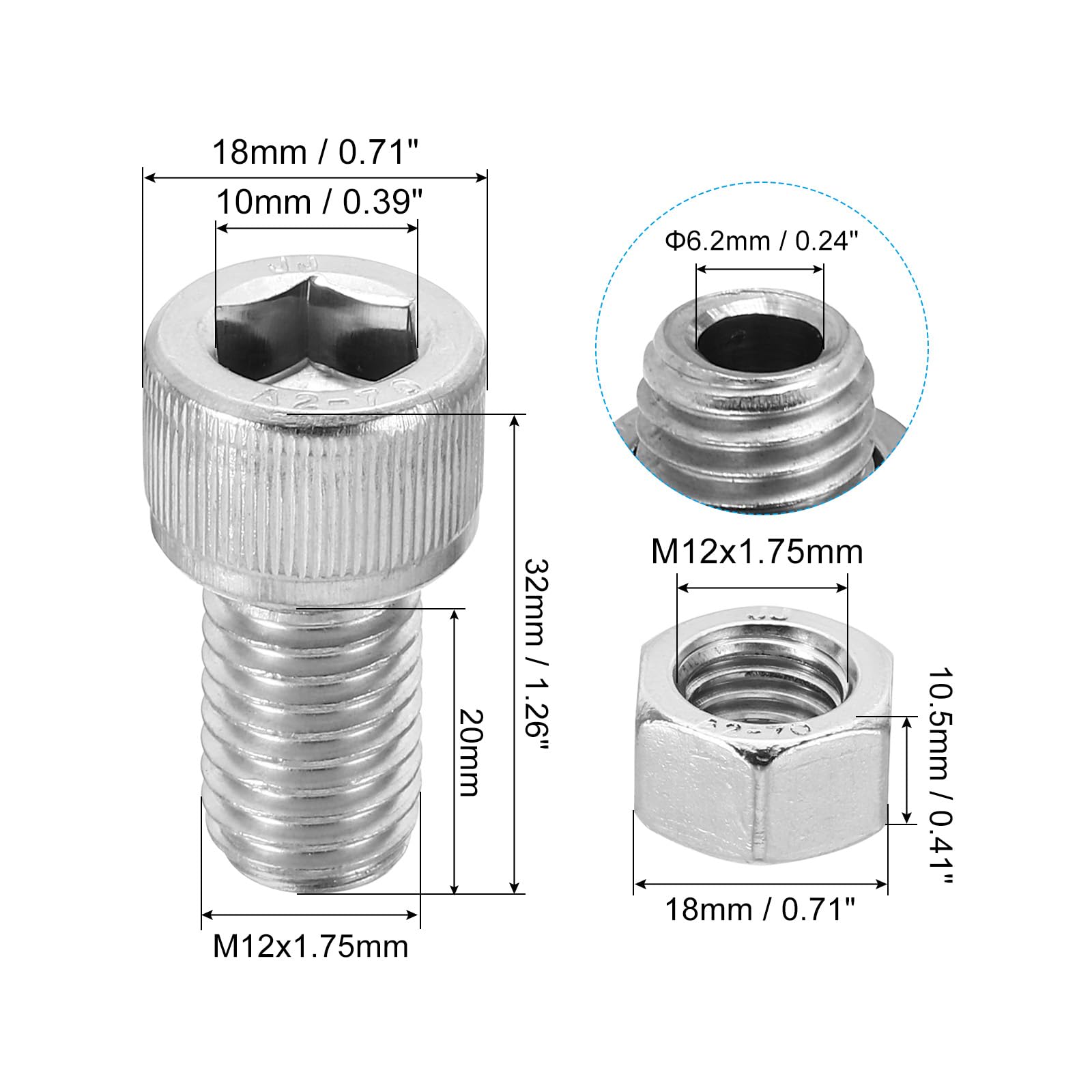 PATIKIL M12x20mm 304 Stainless Steel Hollow Bolt - Image 2