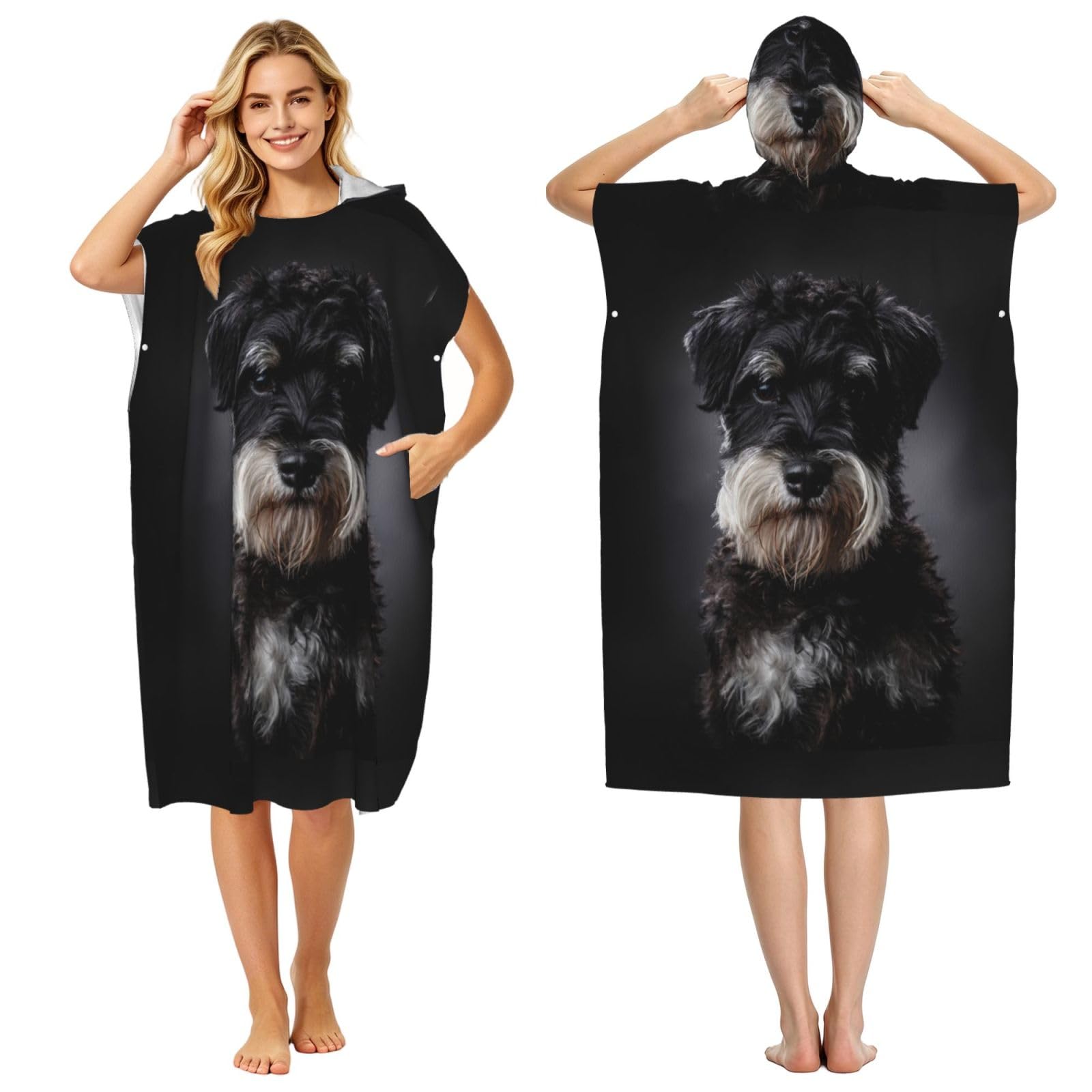 Poadnly Schnauzer Portrait Dark Grey, Adult Hooded Beach Towel 90 x 110 cm,Changing Bath Robe, Surf Poncho Towel For Women Men