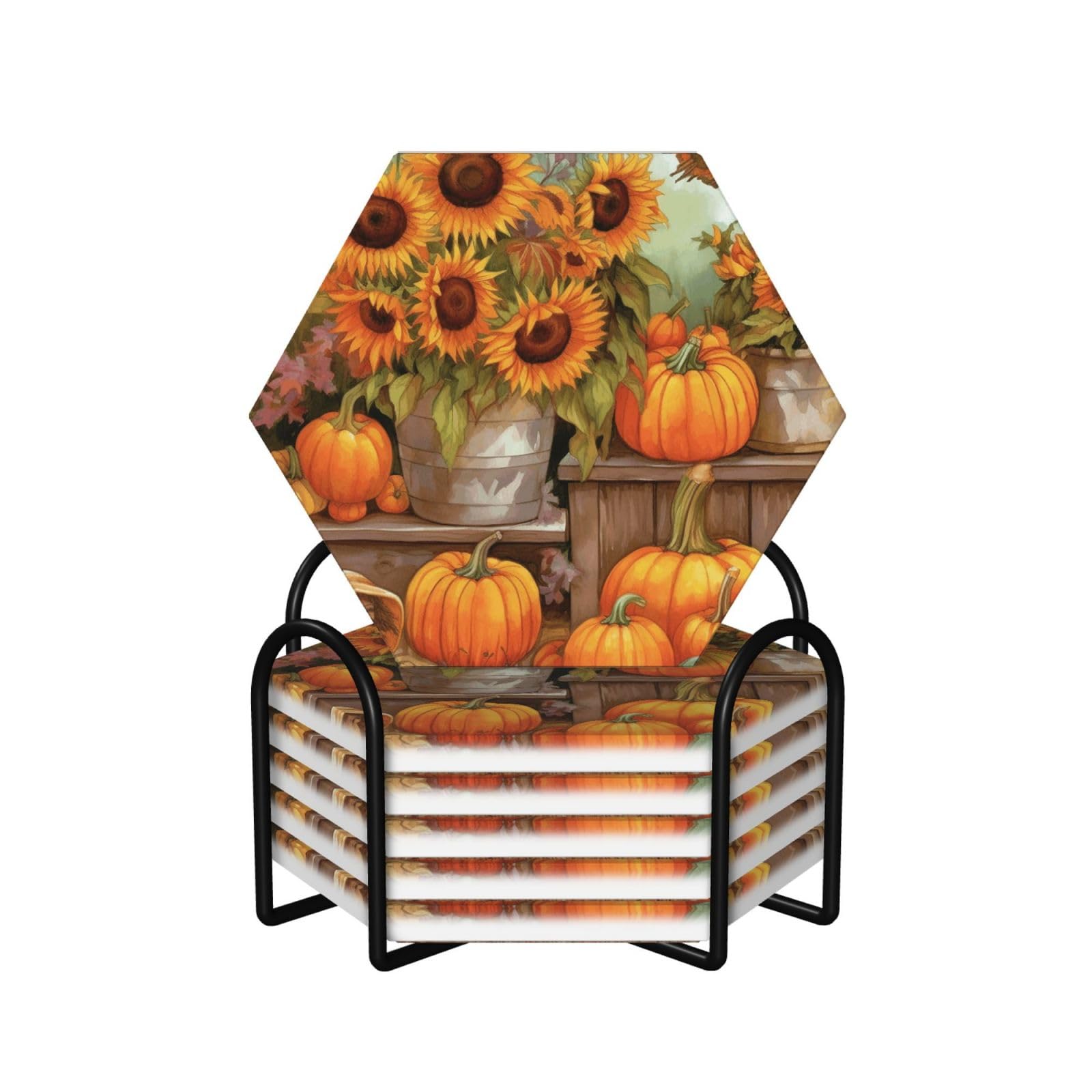 6Pcs Ceramics Coaster for Drinks, Autumn Sunflowers Pumpkins Cup Coasters with Holder, Aesthetic Drink Coasters for Coffee Table, Absorbent Round Coaster for Tabletop Protection 4" Cup Mat Pad