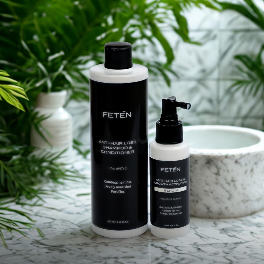 FETEN Zestaw Przeciw Wypadaniu Włosów dla Mężczyzn - Szampon i Odżywka 400 ml + Serum Spray 100 ml - Kuracja na Wypadanie Włosów - Wzrost, Objętość i Wzmocnienie - Anti Hair Loss