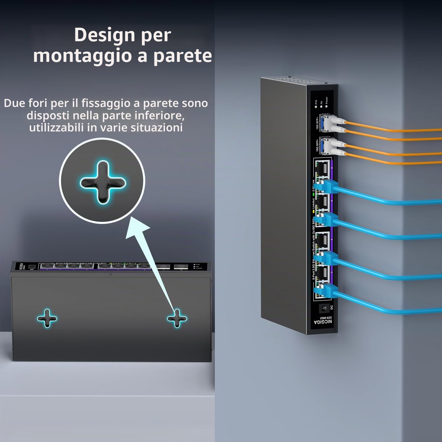 10 porte 2.5Gb Switch Ethernet non gestito con 8 porte Base-T 2.5G + 2 porte 10G SFP+ Switch di rete. NICGIGA 8 porte 2.5 Gbps per NAS/PC a 2.5 Gbps, router WiFi6, AP wireless. Design senza ventola.