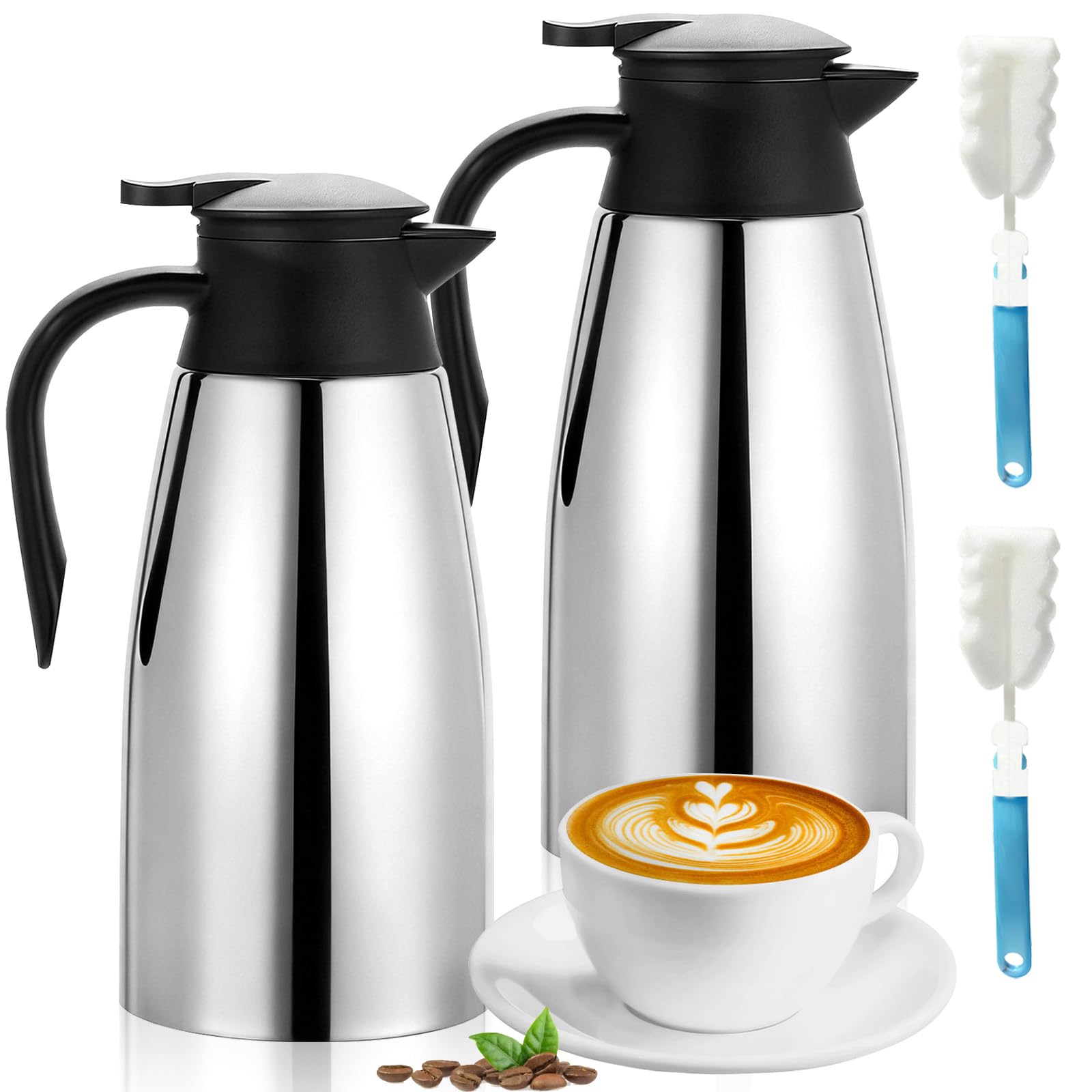 Photo 1 of 2 PCS 68 OZ Thermal Coffee Carafe Stainless Steel Creamer Pitcher Double Walled Vacuum Insulated Pitcher Thermal Hot Pot Flask with Brushes for Keeping Hot Coffee Tea