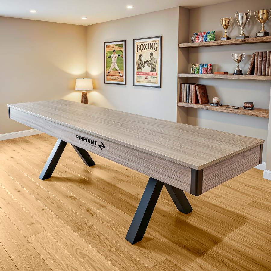 PINPOINT Zestaw gier stołowych 2 w 1 Shuffleboard – pełnowymiarowa tablica do shuffleboardu o długości 2,7 m, z konwersją stołu do jadalni, krążków, wosku i pędzla w zestawie – wysokiej jakości stół