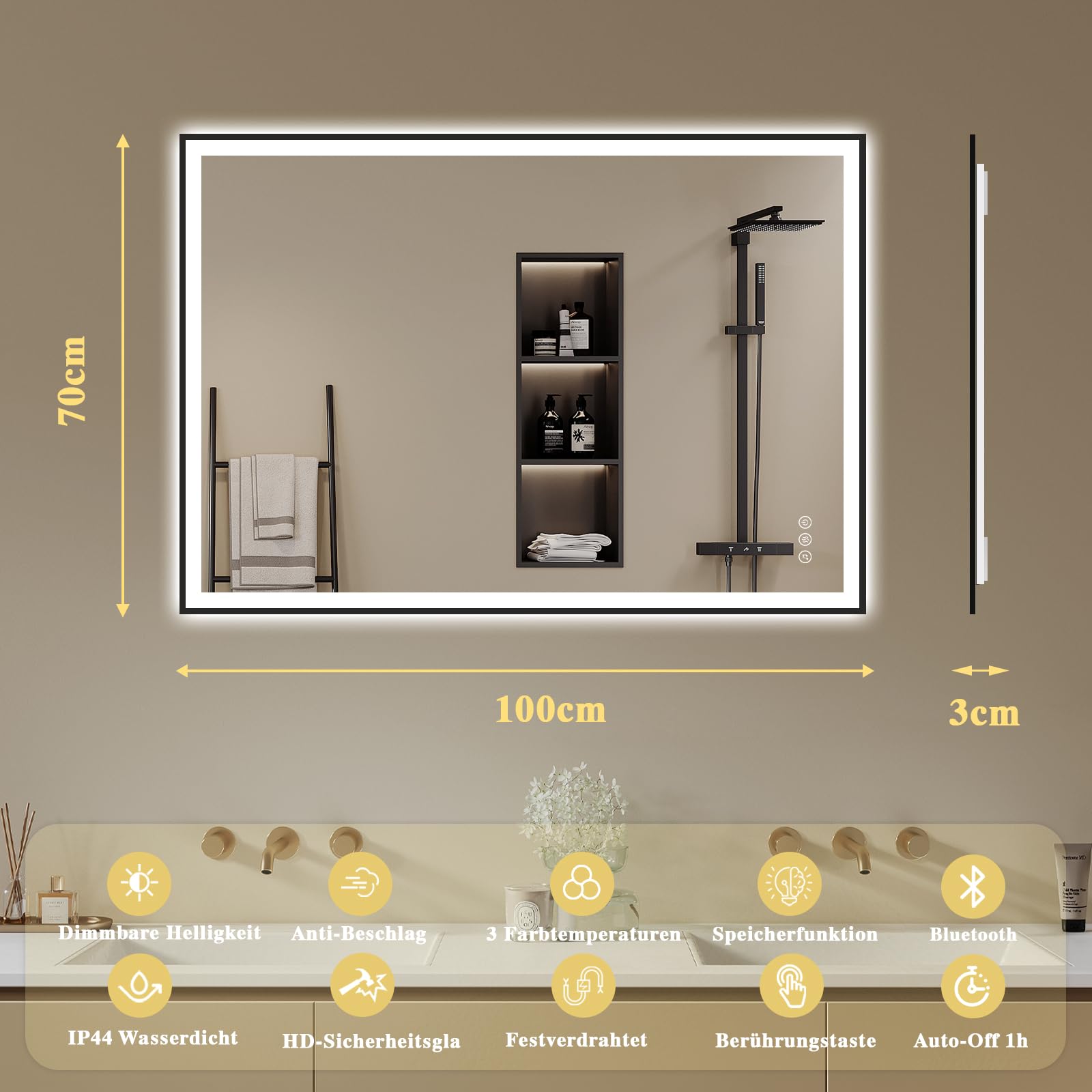Espejo de baño con iluminación 100 x 70 cm – LED espejo de baño con Bluetooth – Espejo de baño con iluminación, antivaho, regulable, 3 colores de luz, espejo de pared LED negro marco de metal