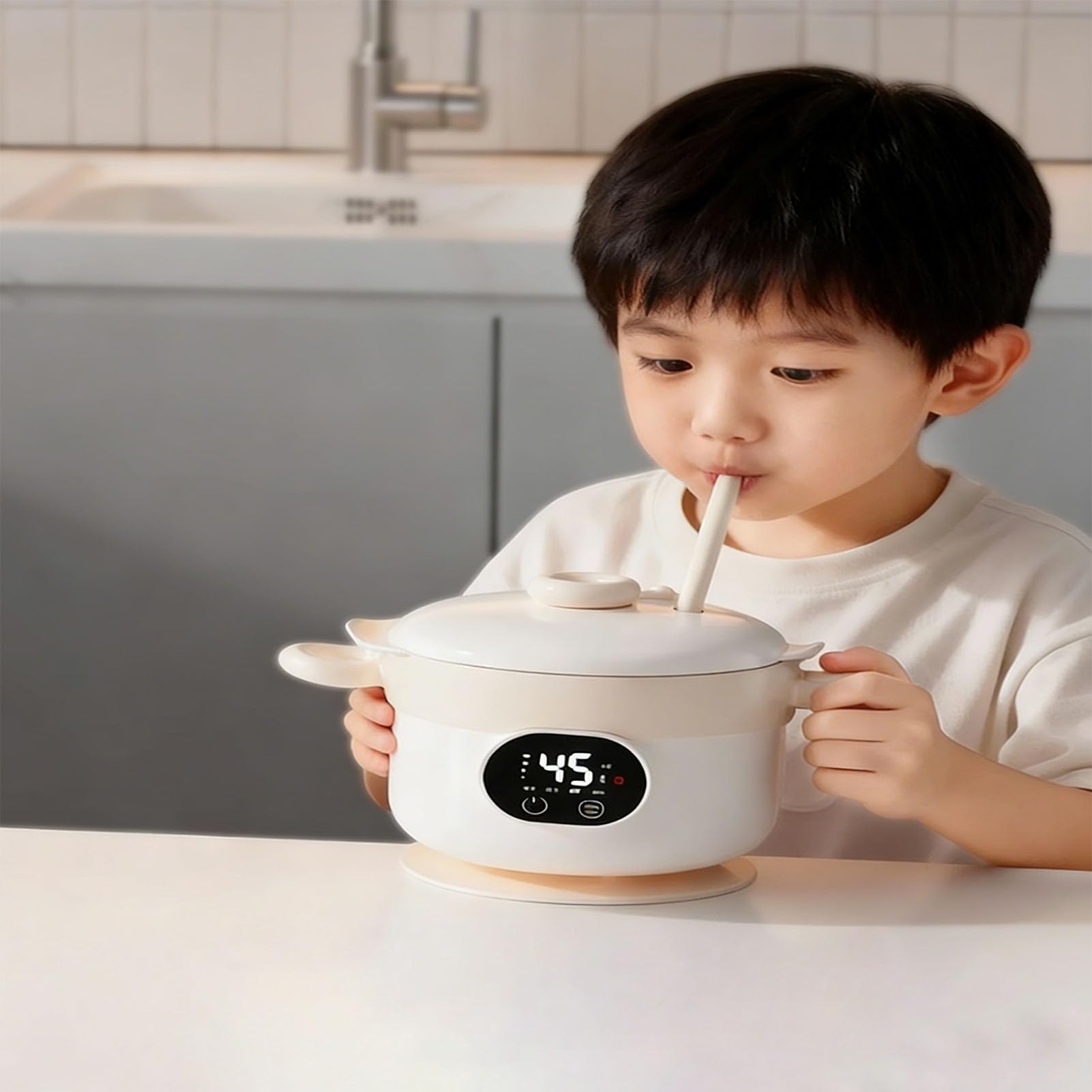 Cryfokt Portátil Recargable del Acero Inoxidable de la del Calentador de la Comida para el Cuenco Aislado 470ML de los Alimentos para Bebés (crema)