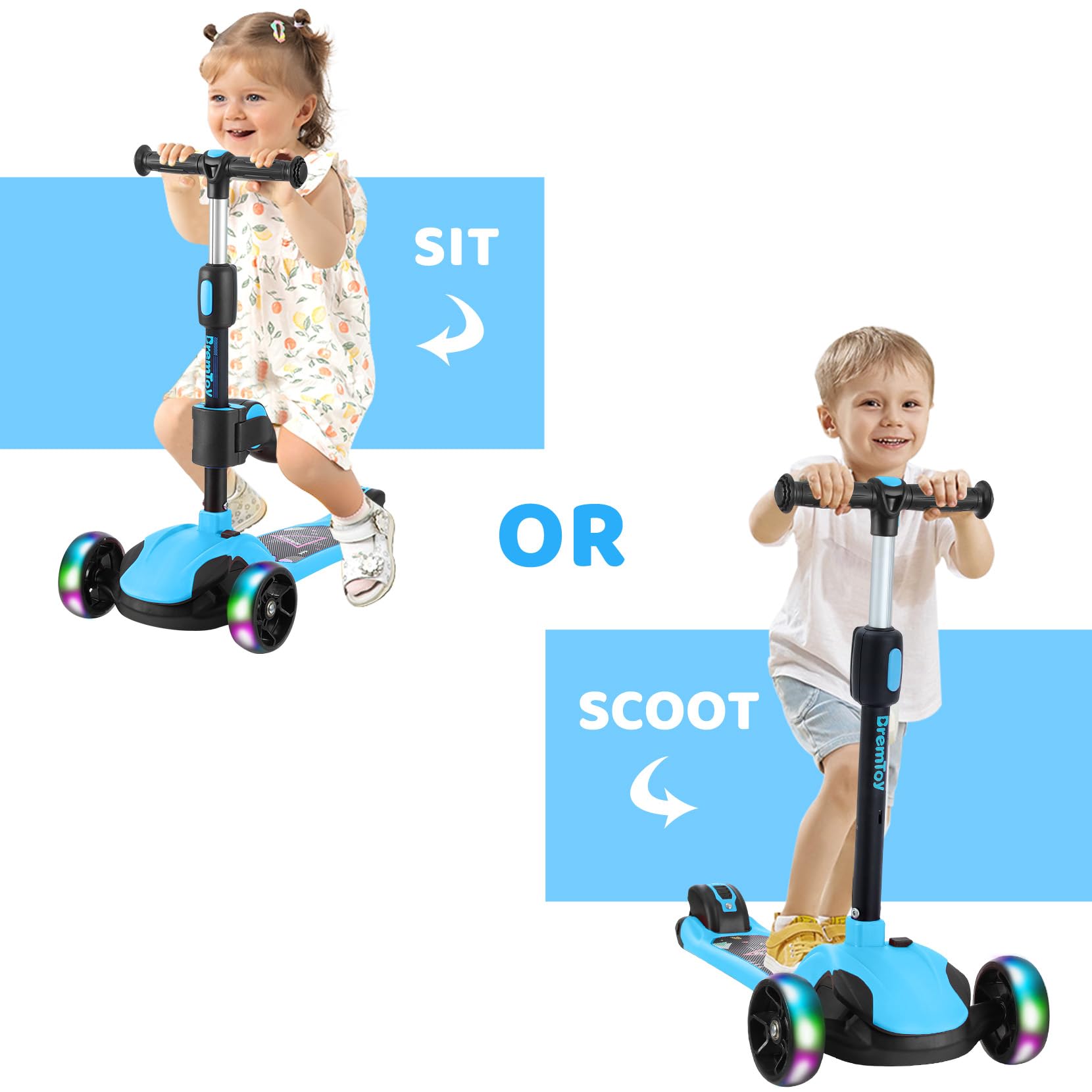 BremToy Patinete para Niños de 1 a 12 Años, Ajuste de Altura Infinito, Patinete con Asiento Extraíble, 3 Ruedas Brillantes LED, Carga Máxima 50KG, Regalos para Niños