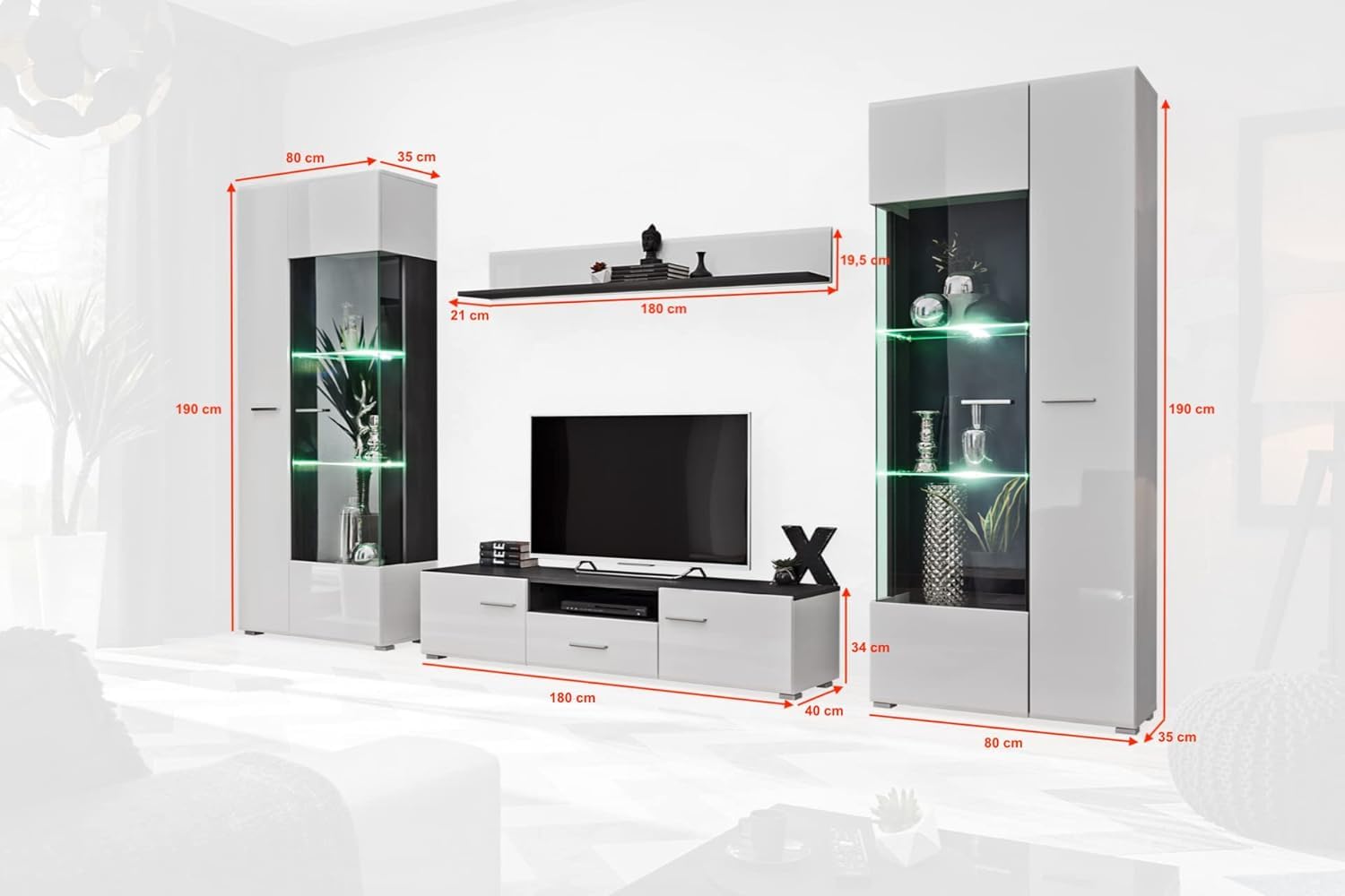 Wohnwand SOLIDO Twin Wohnzimmerset TV Wand Weiß Hochglanz Anbauwand Wohnzimmer Fernsehwand