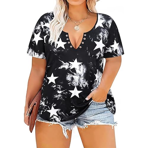 TIYOMI Plus Size T Shirt for Women Buttons Tops Short Sleeve Summer Sexy V-Neckline Shirts Solid/Tie Dye XL-5XL