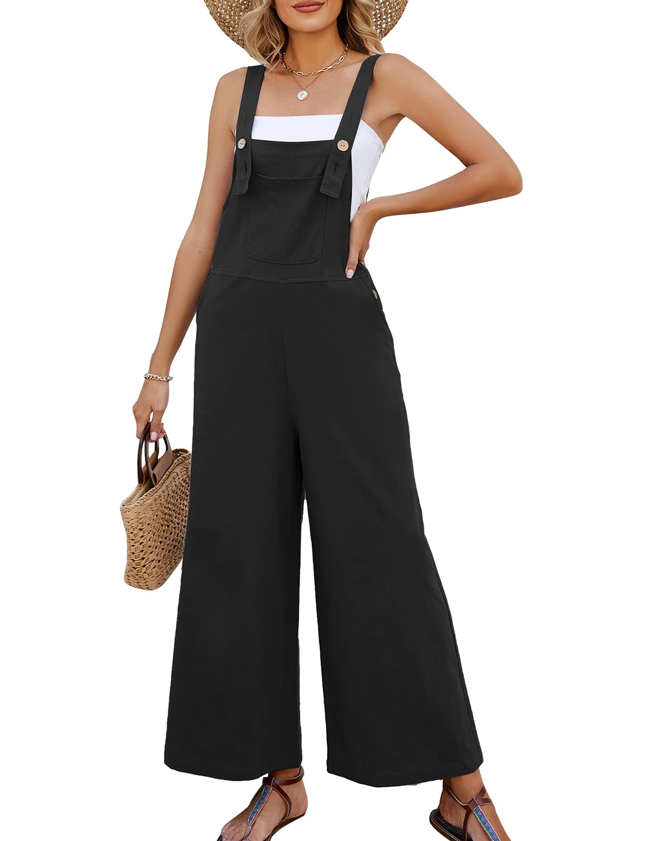 COZYPOIN XL- Women's Casual Cotton Overalls Wide Leg Loose Fit Jumpsuit Fashion Baggy Rompers With Pockets