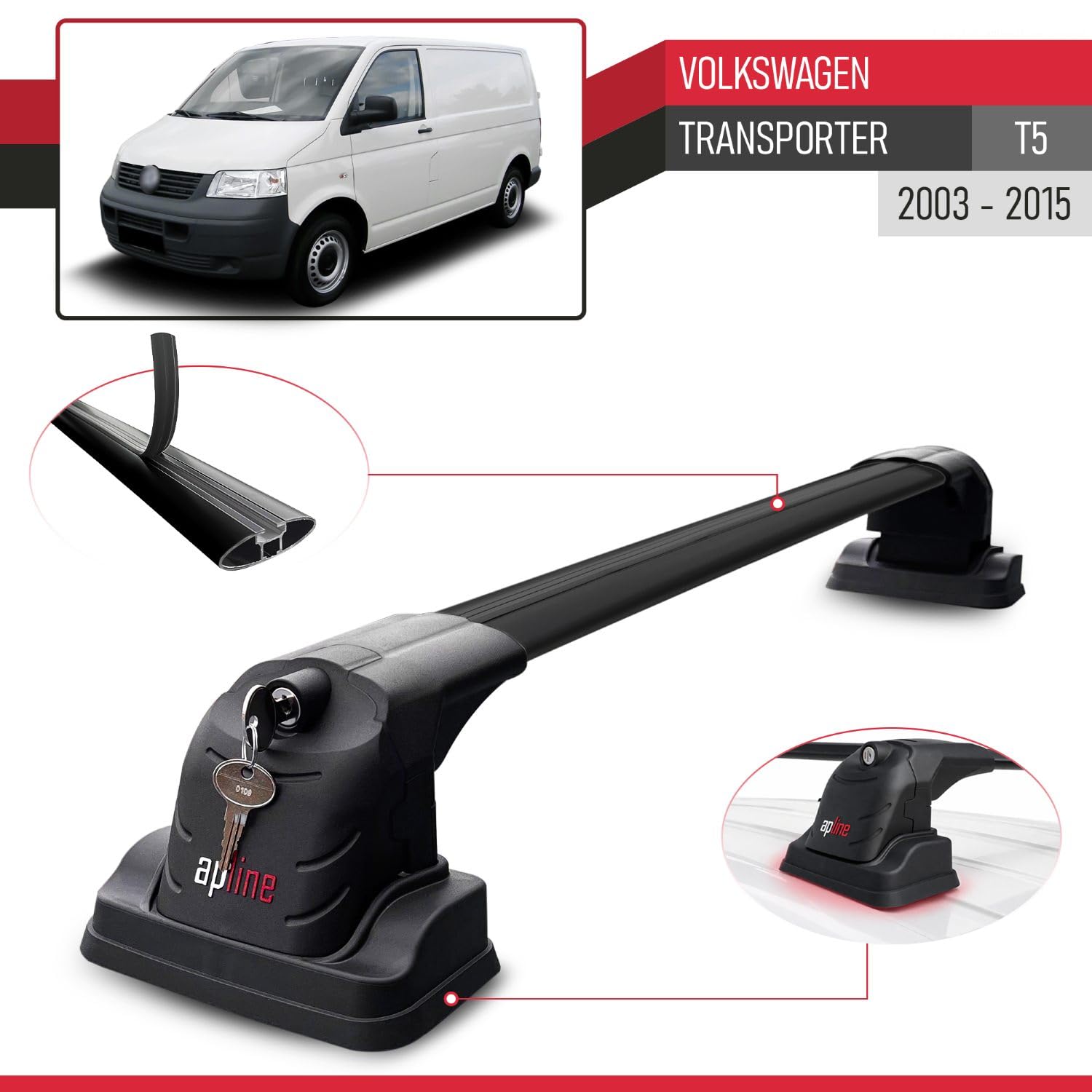 Kompatybilny z Volkswagen Transporter (T5) 2003-2015 ACE-3 Model Aluminiowy bagażnik dachowy 2 poprzeczki, czarne