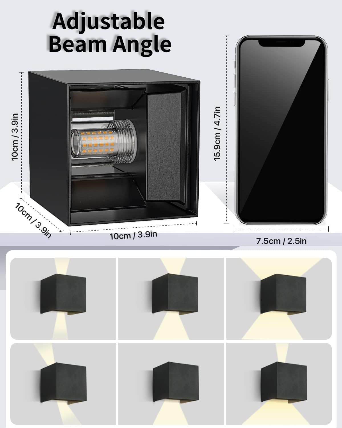 PQETBV Led-wandlamp voor binnen, 7 W, naar beneden, verstelbare stralingshoek, buitenwandlampen van aluminium, voor slaapkamer, hal, tuin, warmwit 3000 K