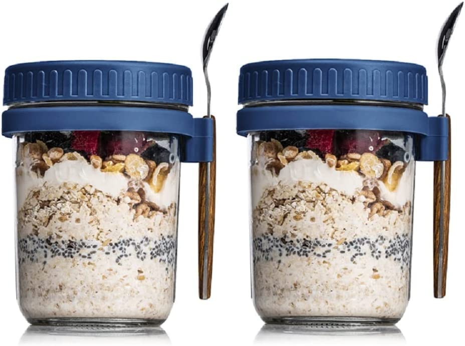 Ash & Roh 350 ml Overnight Oats Containers with Lids and Spoons, Glass Mason Jars for Overnight Oats Leak Proof Oatmeal Container Great for Cereal Fruit Vegetable Milk Salad Yogurt (Blue 2)