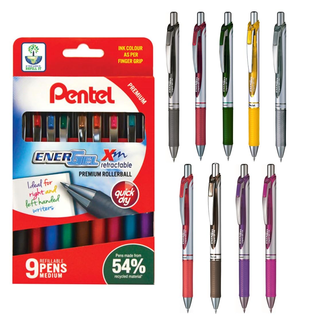 Pentel Energel XM Retractable Pen, 0.7mm Tip, 9 Assorted Colours (Pack of 9)