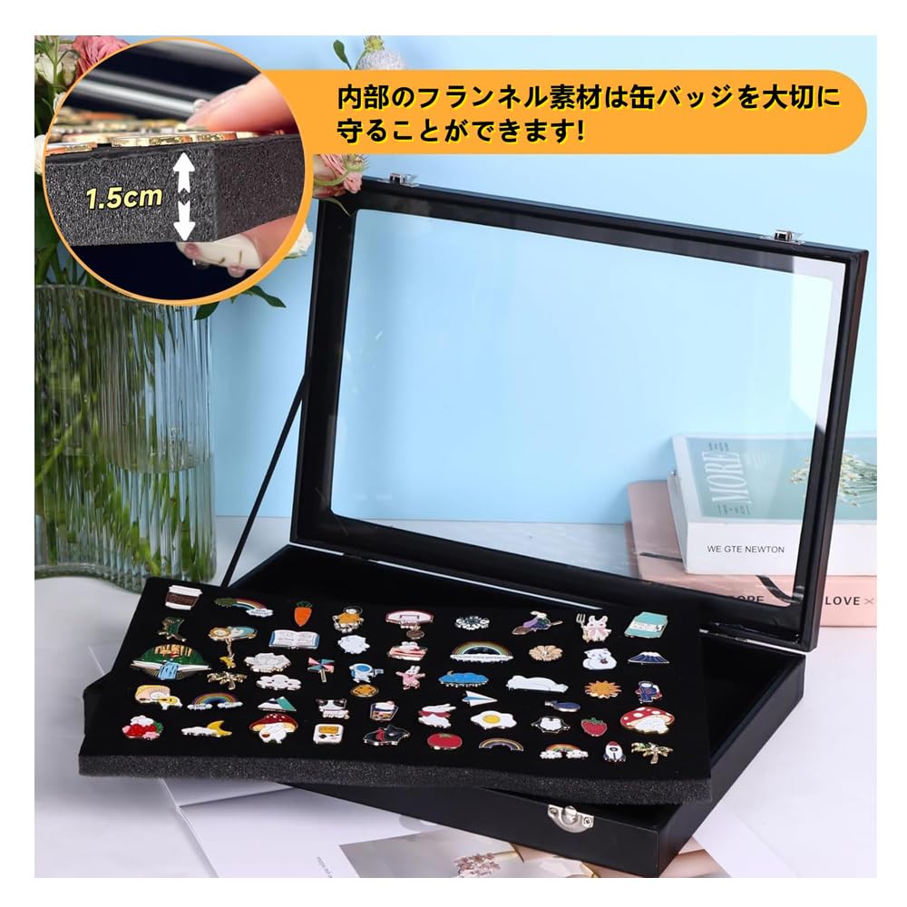 ピンバッジ収納ケース 透明窓付き ピンズ・バッジ・メダル収納 ベルベット素材 防塵 展示ケース コレクションボックス (L) - 4