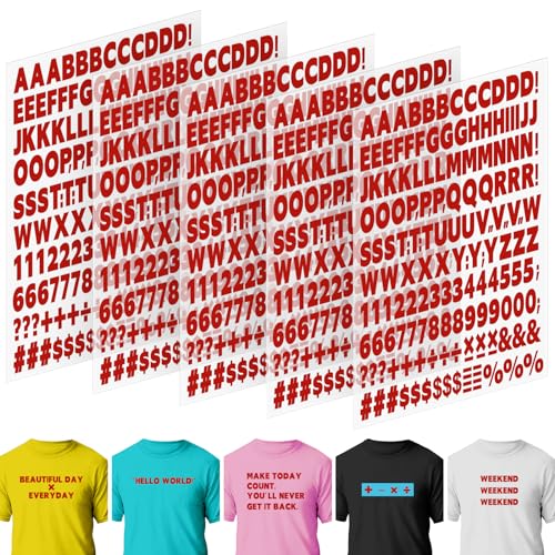5 Sheets 830 Pieces Iron on Letters and Numbers for Clothing 1 Inch Iron on Vinyl Letters with A-Z Heat Transfer Letters 0-9 Iron on Numbers PU Alphabet Stickers for T-Shirt Printing DIY Craft Red