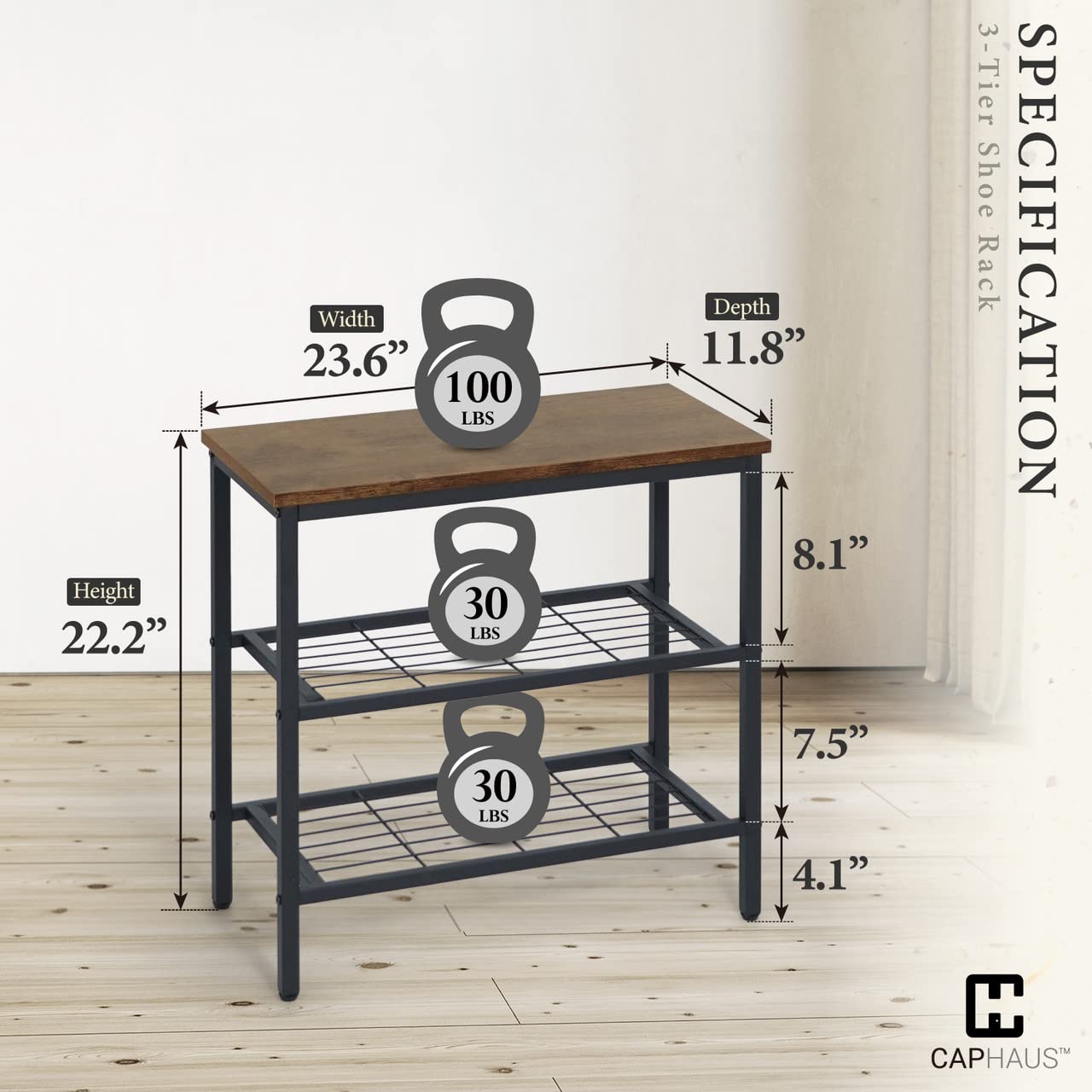 CAPHAUS 3-Tier Shoe Rack for Entryway, Mudroom Shoe Bench, Small Shoe Rack, Metal Shoe Shelf with Wood Board, Industrial Shoe Storage Table for Hallway, Living Room, Bedroom, Closet, Rustic Oak