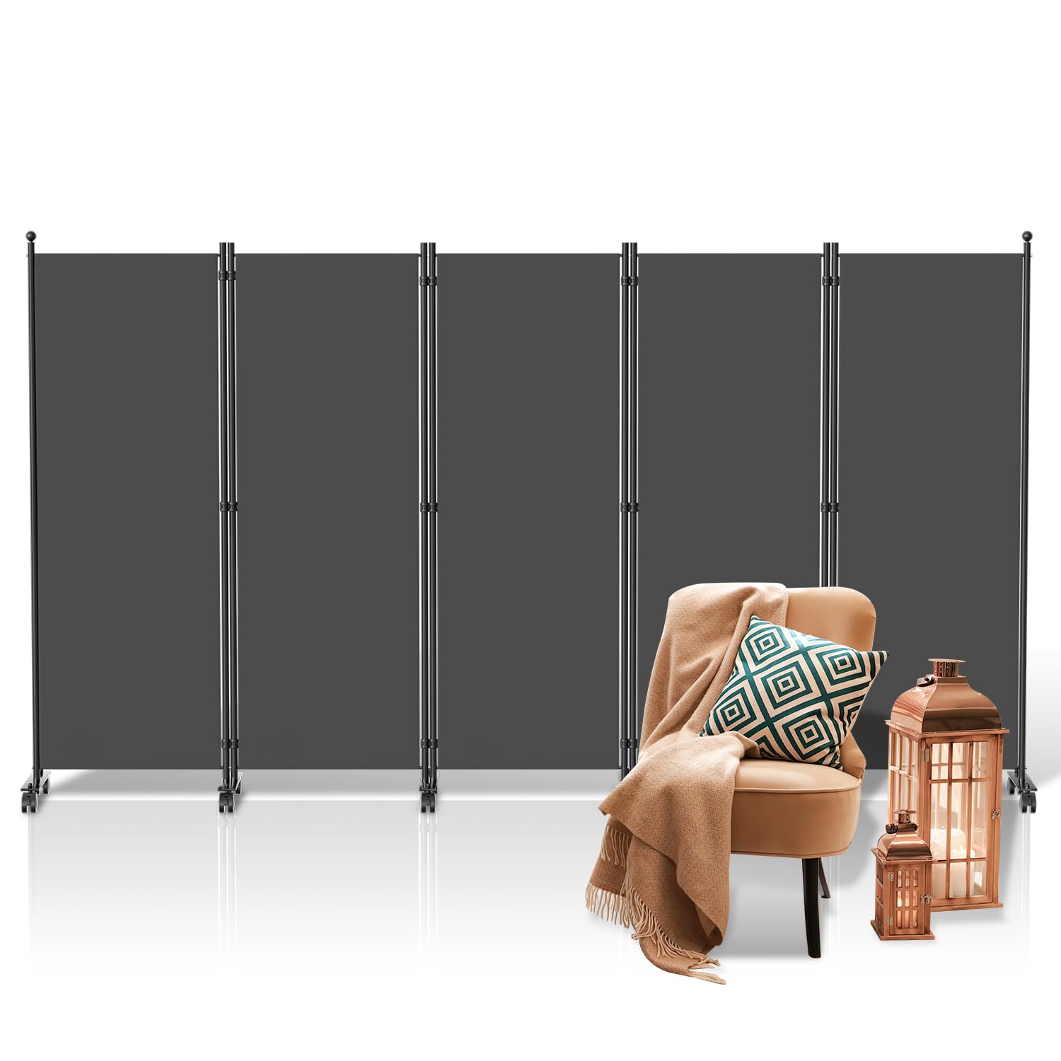 Fiqops Biombo separador de espacios con ruedas, 5 unidades, 284 x 181 cm, resistente a la intemperie, para exteriores, oficinas, balcones, color antracita