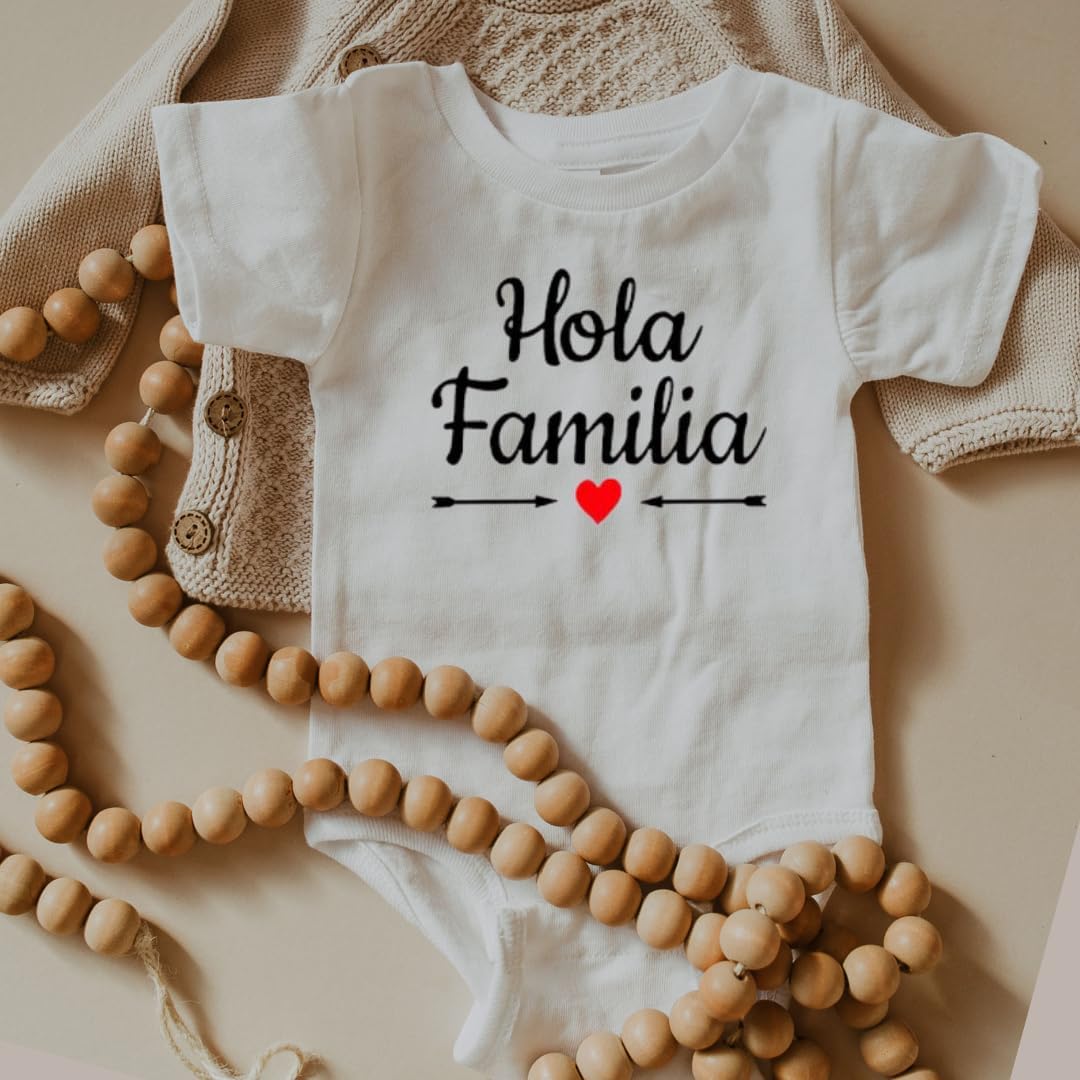 Hola Familia Baby Announcement Onesie In Spanish, Cute Pregnancy Announcement Gifts For Grandparents, Abuelitos, Surprise Baby Reveal Ideas Abuelo And Abuela To Be.