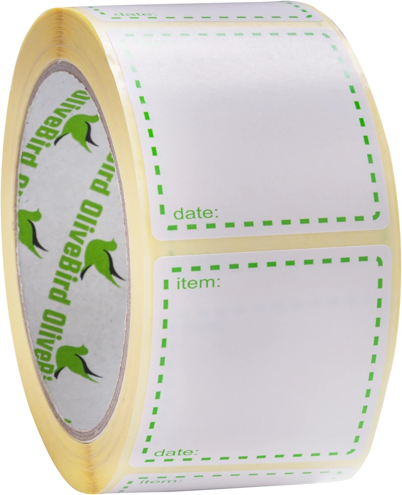 OliveBird500 x Removable Labels On Roll, Size 50x50mm Square, White and Green Date Labels Use for Reusable Containers
