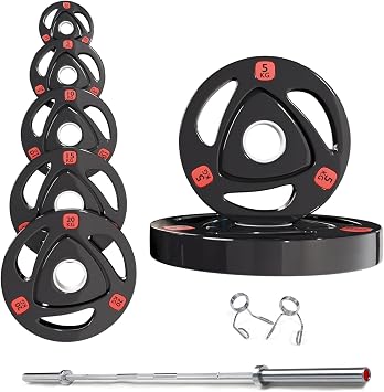 Strongway  Olympic 50KG 70KG 100KG Tri Grip Weight Plates Sets with 6FT 7FT Barbell - 2 Inch 2" / 50mm Hole - Rubber Coated Cast Iron Weight Lifting Bar