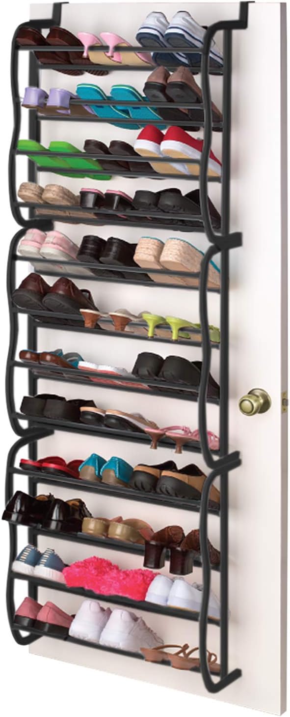 Home Basics Door Shoe Rack Organizer (Black) Holds 36 Pairs of Shoes | Close Shoe Rack for Flats, Sneakers, Sandals, and More | Organizer Made from Metal and Plastic