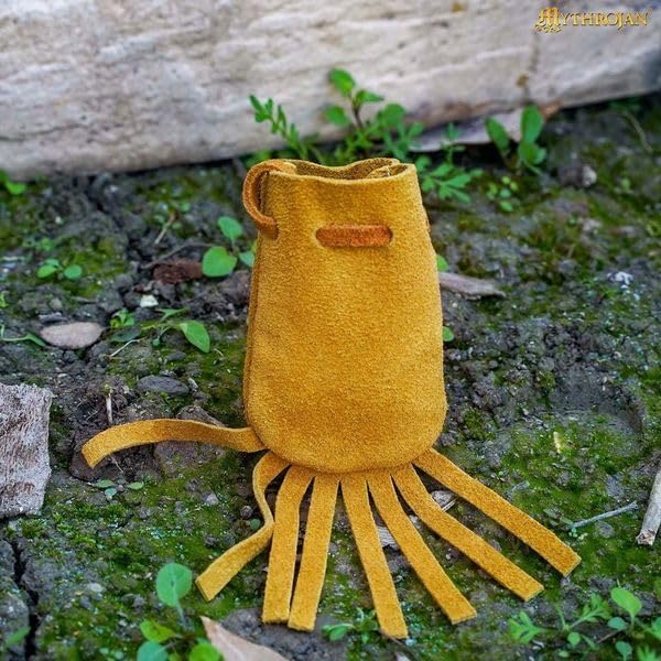 Image of Mythrojan Small Trinket Pouches Suede Leather Drawstring Coin & Dice Bags for LARP, SCA, Viking & Medieval Events Yellow- pack of 4