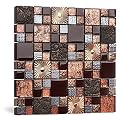 Blujellyfish Red Wine Colors Glass Tile 2'' x 2'' Leaf Carving Imprints Antique Mosaics Textured Rose Gold Metal Kitchen Bathroom Walls Backsplash Tiles (Pack of 5 Square Feet)
