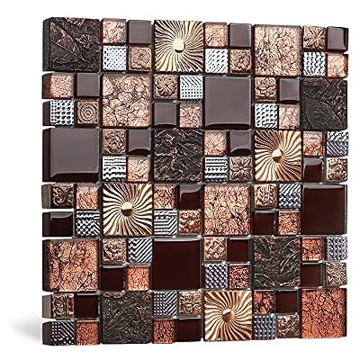 Blujellyfish Red Wine Colors Glass Tile 2'' x 2'' Leaf Carving Imprints Antique Mosaics Textured Rose Gold Metal Kitchen Bathroom Walls Backsplash Tiles (Pack of 5 Square Feet)