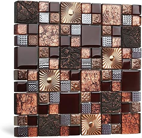 Blujellyfish Red Wine Colors Glass Tile 2'' x 2'' Leaf Carving Imprints Antique Mosaics Textured Rose Gold Metal Kitchen Bathroom Walls Backsplash Tiles (Pack of 10 Square Feet)
