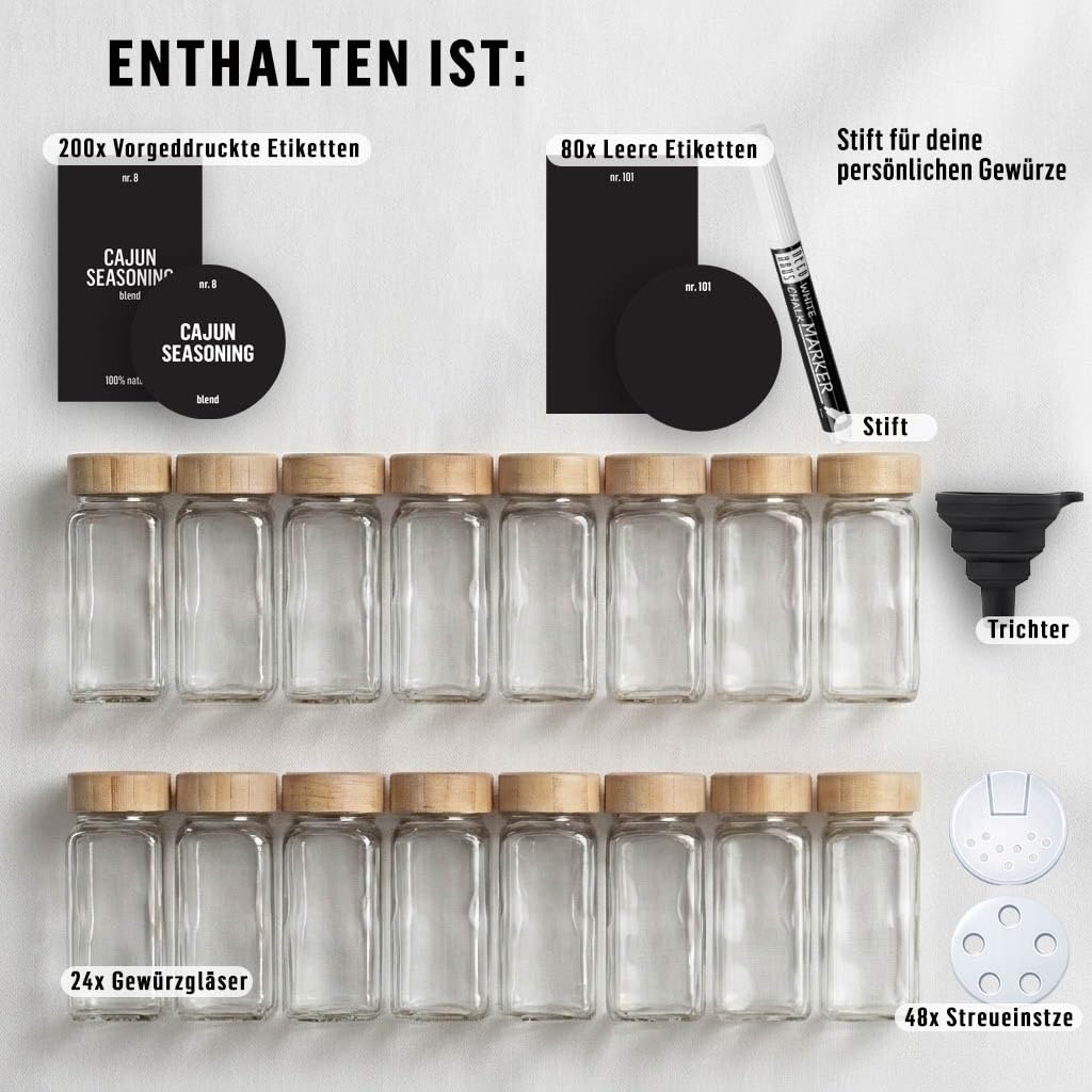 Deco Haus® Gewürzgläser eckig mit Holzdeckel 24er Set [+ Etiketten & Streueinsatz] - Gewürzdosen Set Glas - Gewürzbehälter Spice Jars - Aufbewahrung - Behälter für Gewürze - Gewürzaufbewahrung