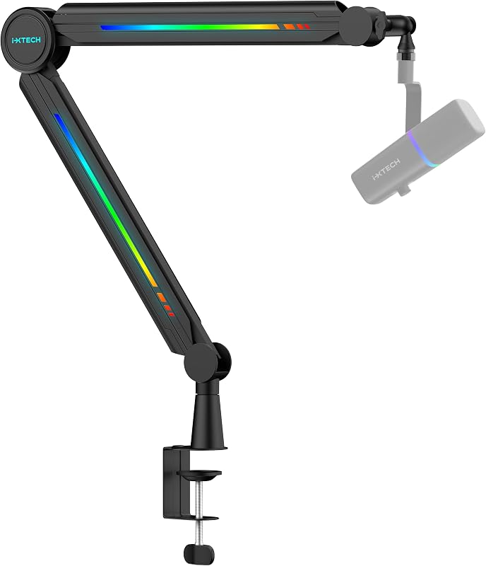 RGB Mic Boom Arm High Profile, Overhead Boom Arm Microphone Stand Desk Mount, Adjustable Microphone Stand with Desk Mount, Mic Arm for Live Streaming Gaming Podcasting Recording.