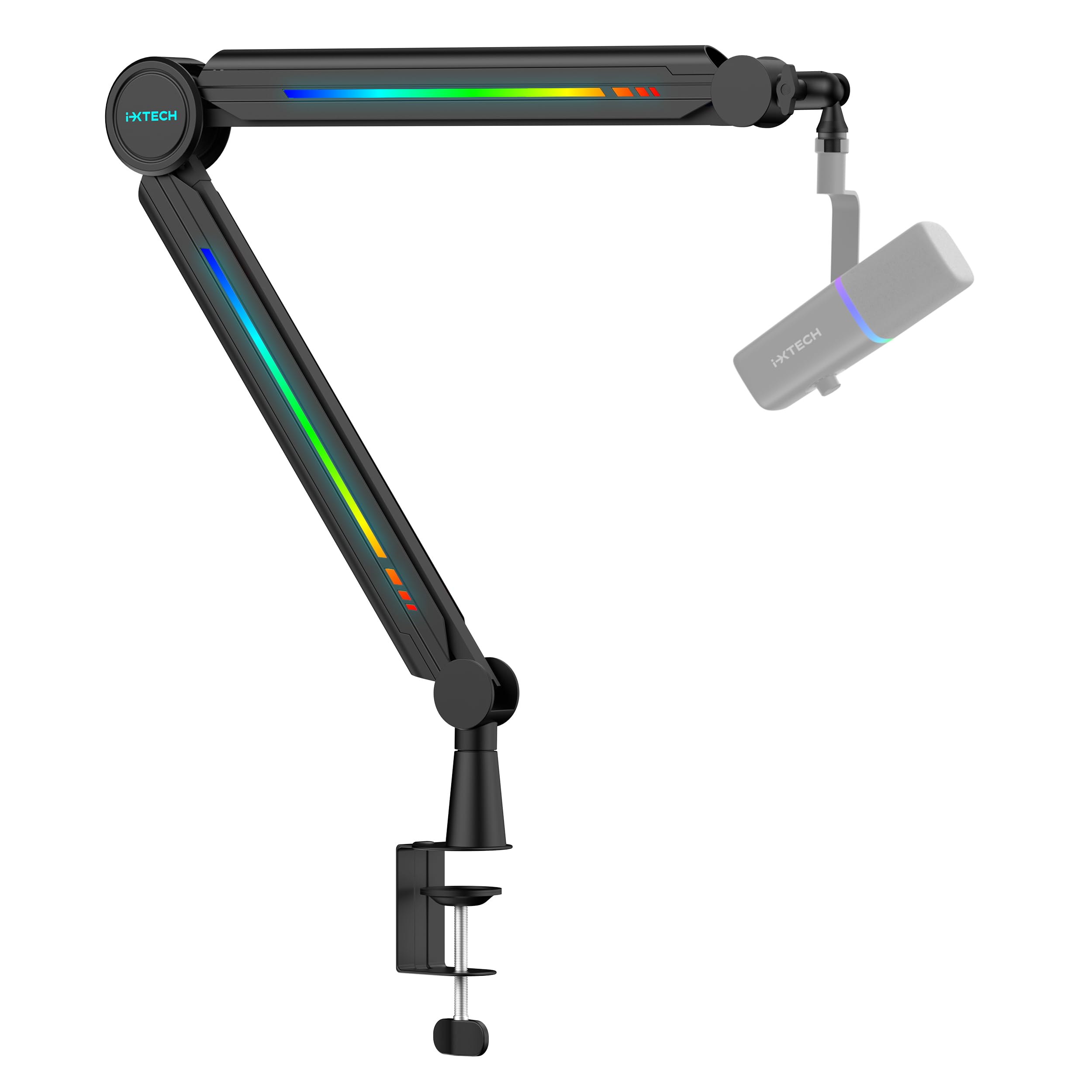 IXTECH Brazo de micrófono RGB de perfil alto, soporte de micrófono de brazo superior para escritorio, soporte de micrófono ajustable con soporte de escritorio, brazo de micrófono para transmisión en