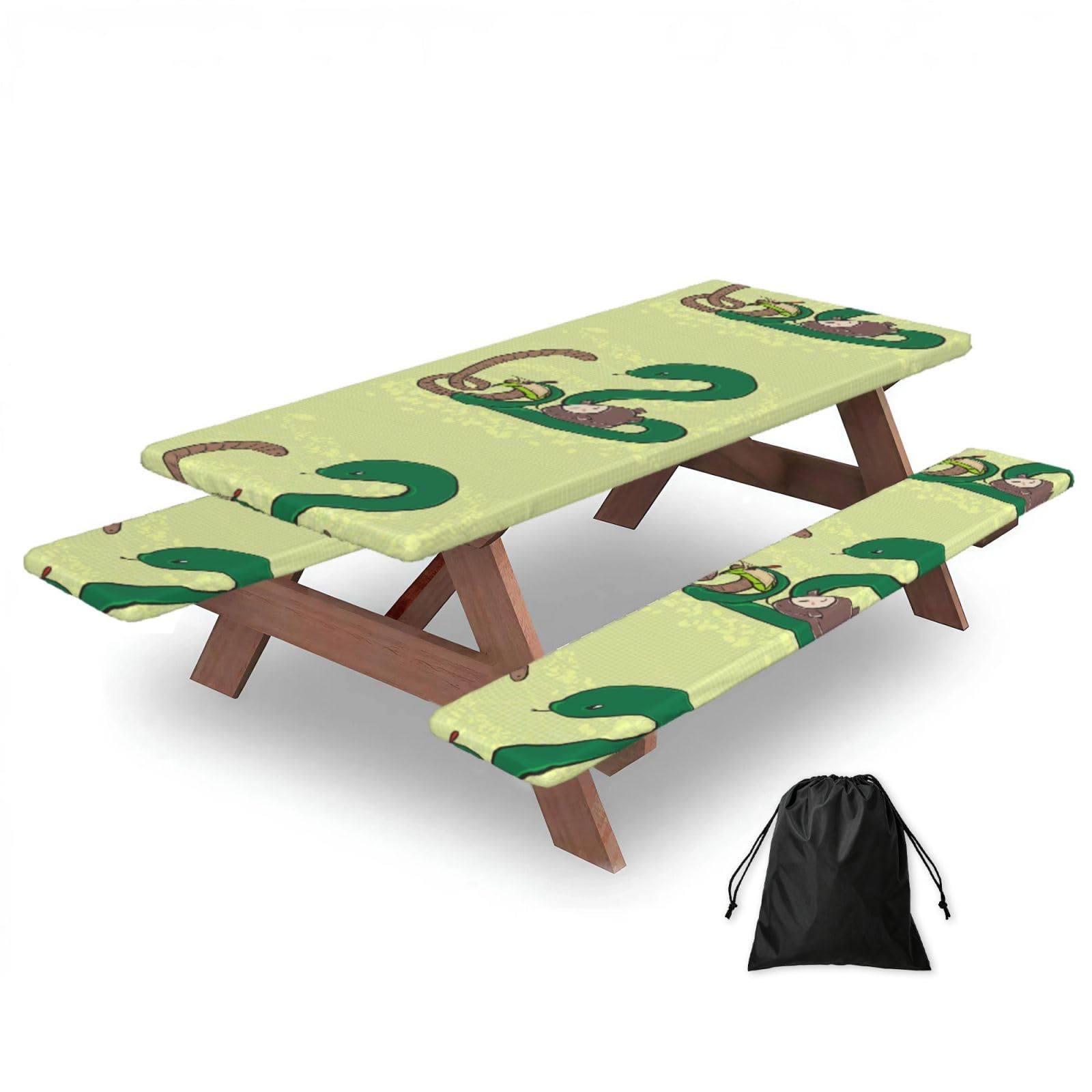 Erwqavc Black Sunflower Seeds Earthworm Snake Print Picnic Table Cover & Bench Covers 3-Pack Set, Elastic Tablecloths For 6 Ft Rectangle Tables