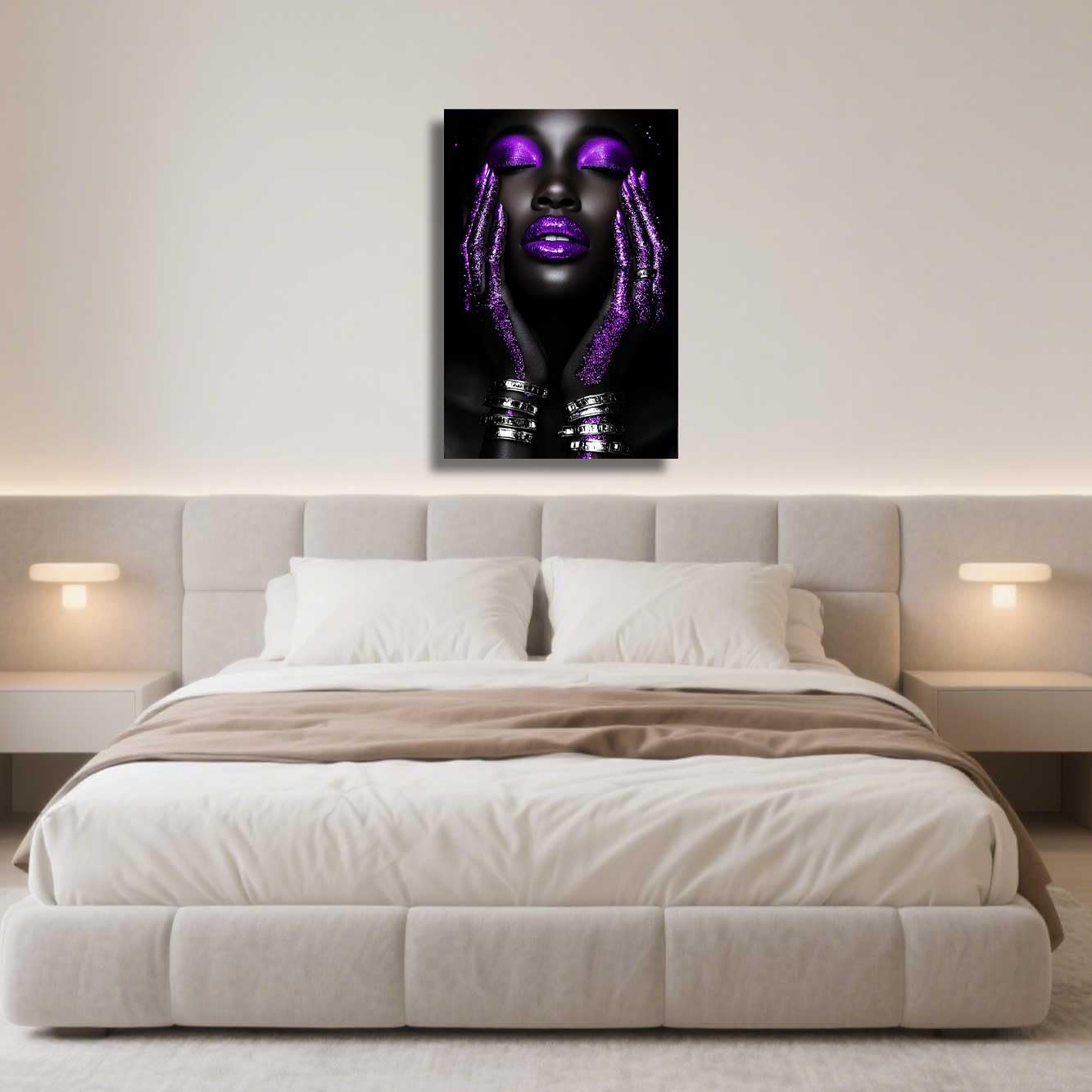 ZSHARTSWD African American Canvas Wall Art Black and Purple Woman Pictures Abstract Girl Portrait Print Painting Fashion Female Poster for Bedroom Home Decor (Black, 18L x 12W)