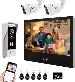 Kabelgebundenes Video-Türsprechanlagen-Set für Wohnungen, WLAN-Touchscreen-Monitor (10 Zoll) mit 1080p-HD-Türklingelkamera, RFID-Karten-Entriegelung (Schwarz 1 Monitor + 2 Kamera)