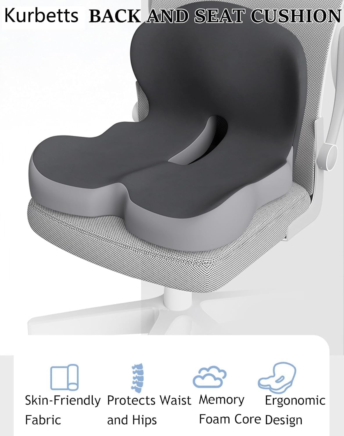 Celinva Orthopedic Cushion,Ergonomic Memory Foam L-Shaped Integrated Seat Cushions with Adjustable Strap,Ultra Breathable Non-Slip Design for Office Chair,Car,Wheelchair (Black+Gray)