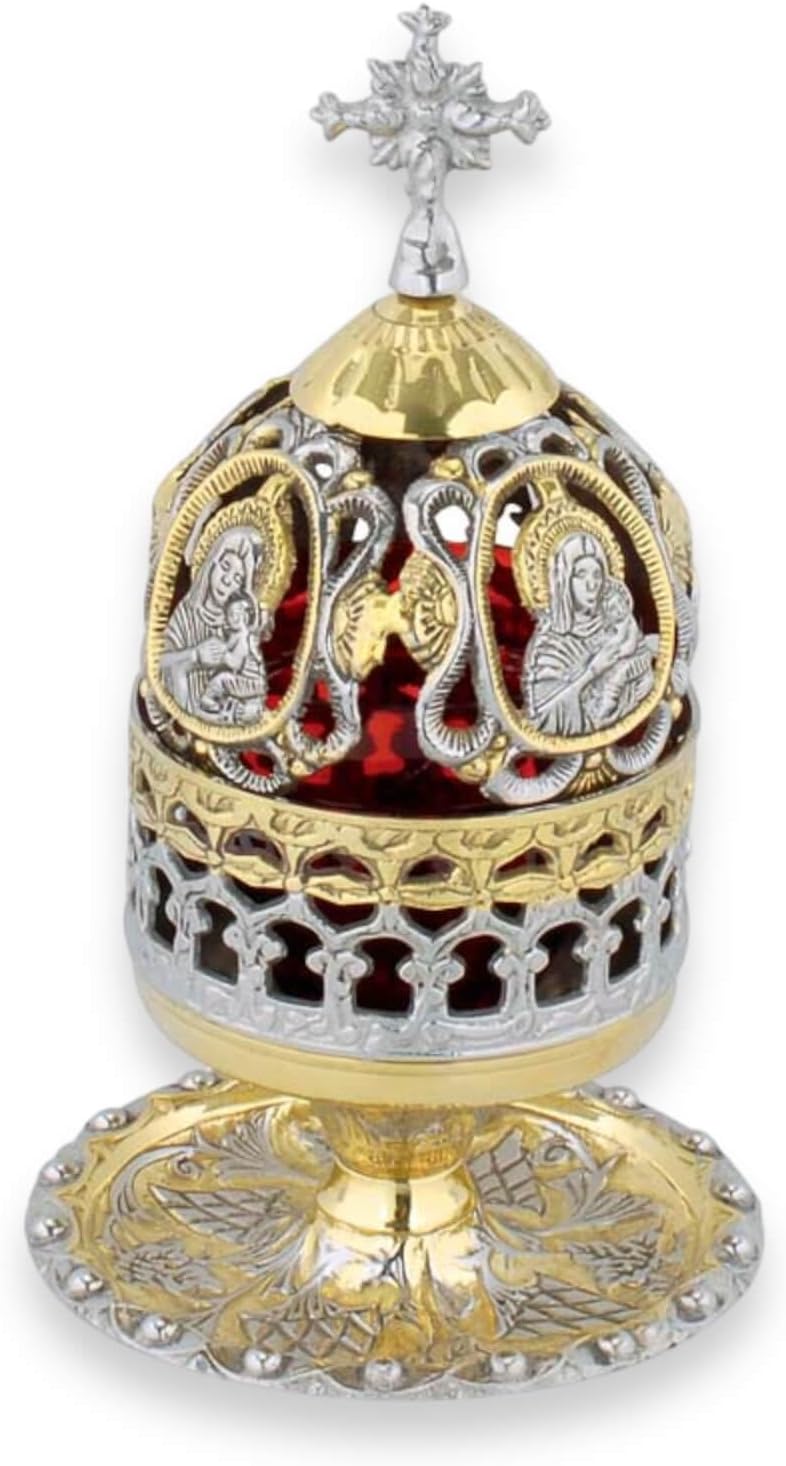 Standing Vigil Lamp with Virgin Mary Design Lid (Gold and Silver) - Home Altar or Church Use