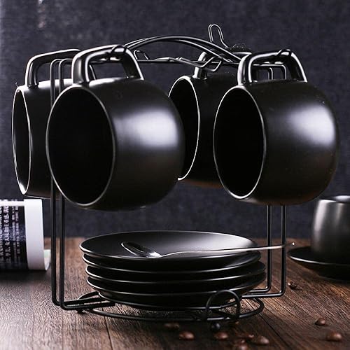 Miniatura 3 de Sizikato Juego clásico de taza y platillo de porcelana negra mate, taza de té de 8 onzas con cuchara