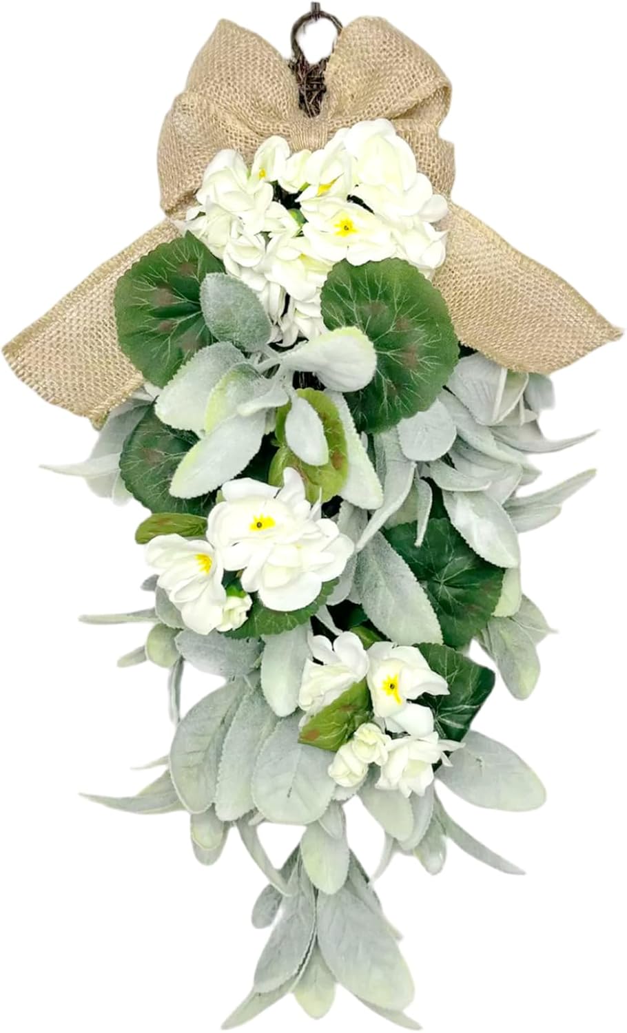 18.9 Inch Artificial Teardrop Swag with Burlap Bow, Farmhouse Decor for All Seasons, Green and White Faux Wreath for Front Door, Wall, or Wedding