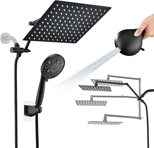 PDPBath Cabezal de ducha tipo lluvia de 10 pulgadas con rociador de mano, cabezal de ducha de lluvia doble con combo de varilla de 10 ajustes de
