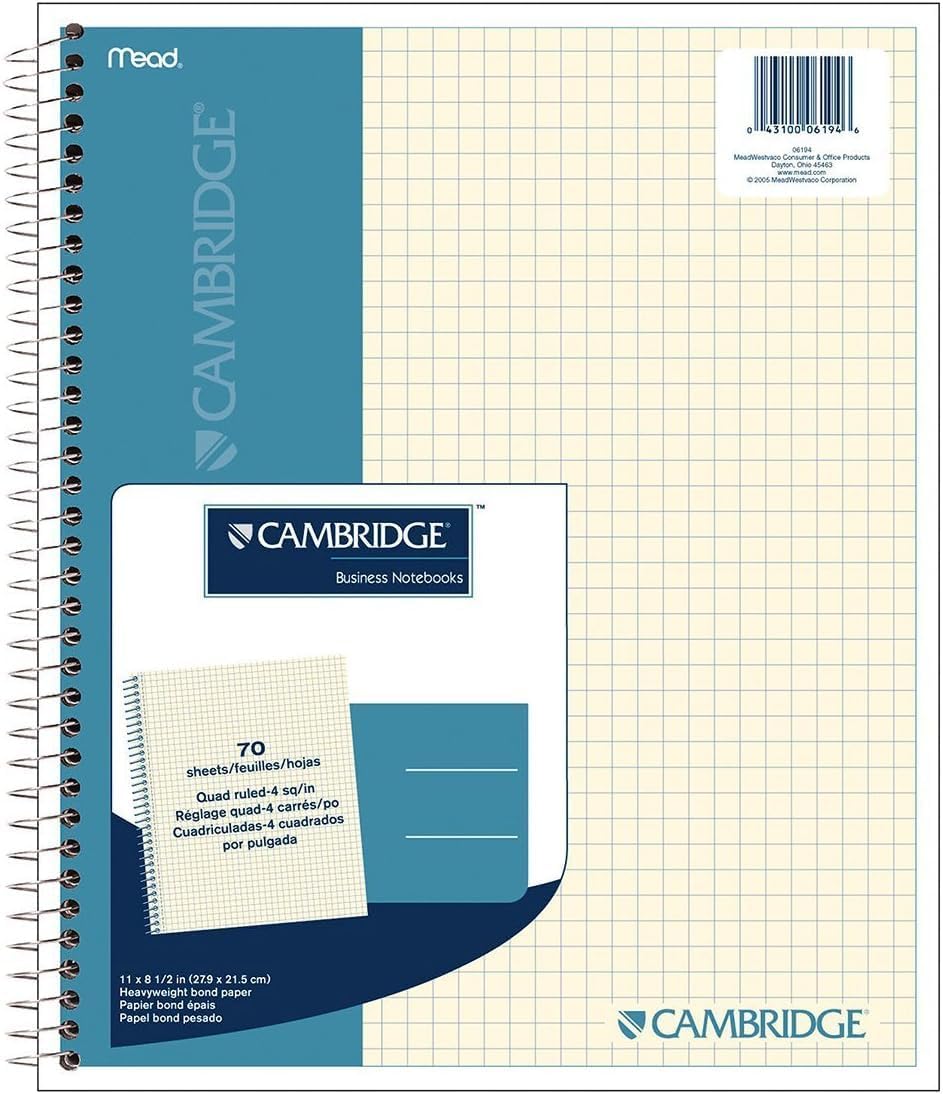 Cambridge Business Notebook, Quad Ruled Paper, 8-1/2" x 11", 70 Sheets, Wirebound, Ivory Paper (06194)